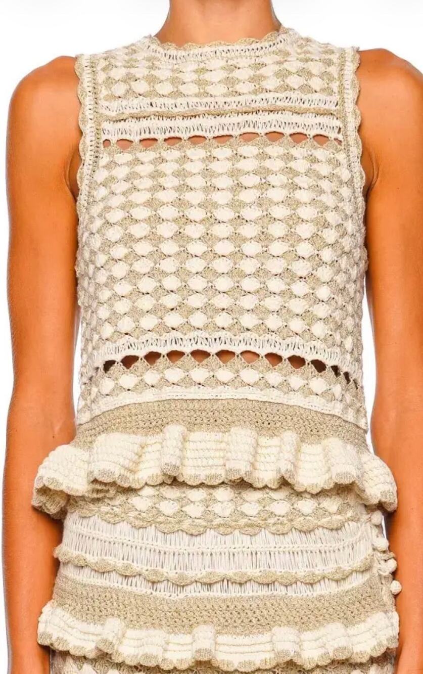 Zimmermann Wanderlust Crochet Frill Top in Metallic Gold Cream 1 US 6